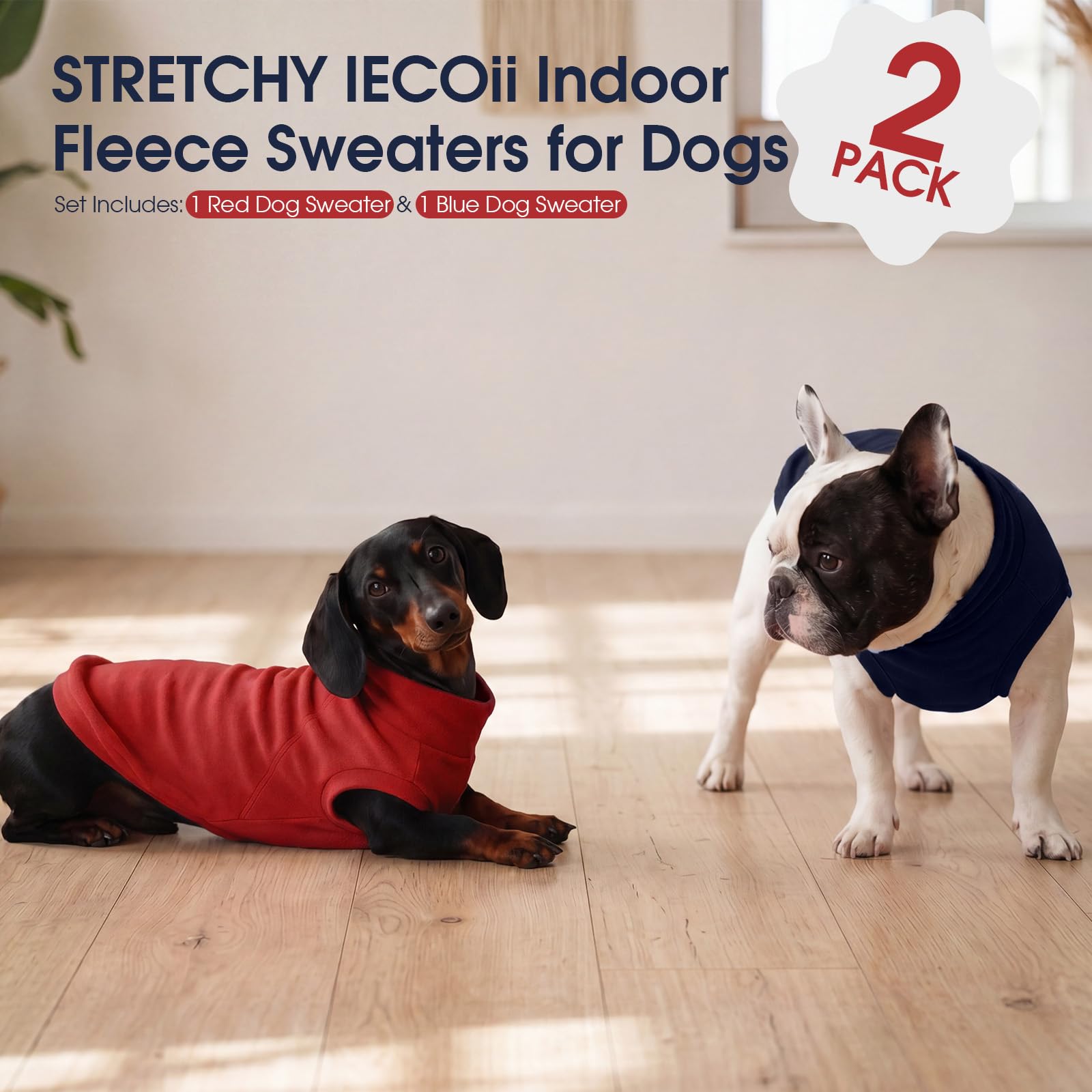 IECOii Paquete de 2 chalecos de forro polar para perro, sudadera elástica acogedora con agujero para correa para otoño e invierno, abrigos cálidos para mascotas pequeñas en interiores y exteriores