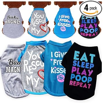 Yikeyo Dog Clothes for Small Dogs Boy Yorkie Chiuahaha Shih tzu Cute Summer Puppy Shirt Pet Tshirts Clothing Doggy Male Appare,Set of 4 (4PC/Love,Free Kisses,Babe,EAT Sleep, Small)