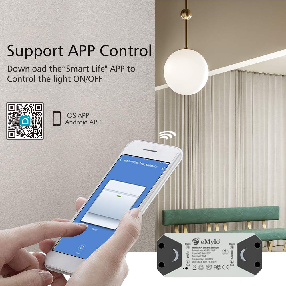 Smart Wifi RF Switch Wireless Relay module eMylo remote control Light Switches 1 Channel 220V Home Automation Outlet Timer 433Mhz Compatible with Alexa/Google Home Assistant Via Iphone Android