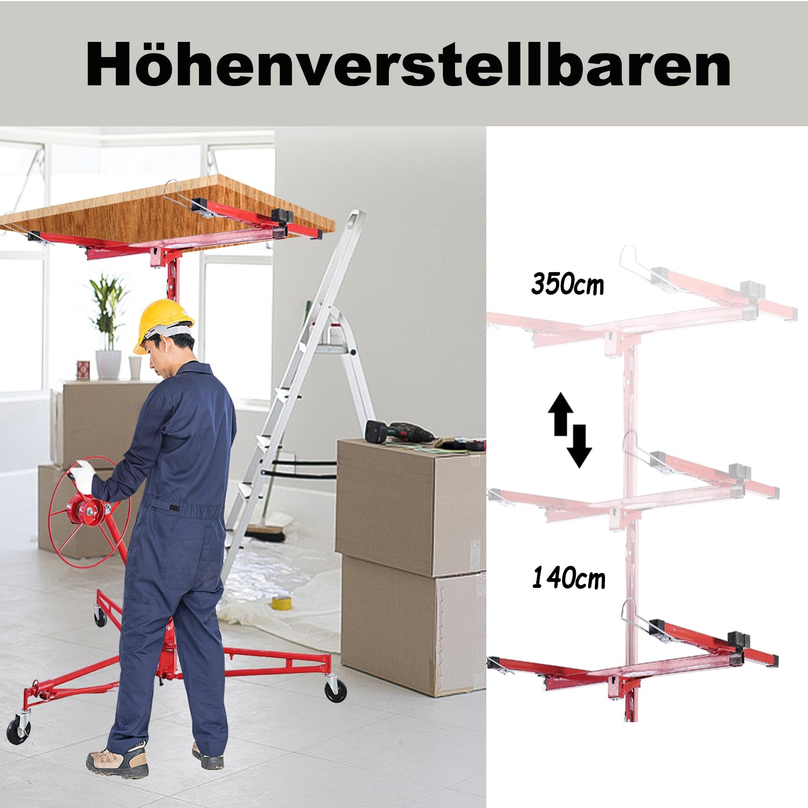 Elevador de placas XXL, elevador de placas plegable, montaje en seco, altura regulable de 140 a 350 cm, altura de trabajo de hasta 290 cm, ancho de 90 cm, capacidad de carga de hasta 68 kg,