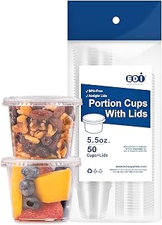 EDI [5.5 OZ, 50 Sets Clear Disposable Plastic Portion Cups with Leakproof Lids | Jello Shot Cups | Condiment and Dipping Sauce Cups | Souffle Cups | BPA Free | Recyclable
