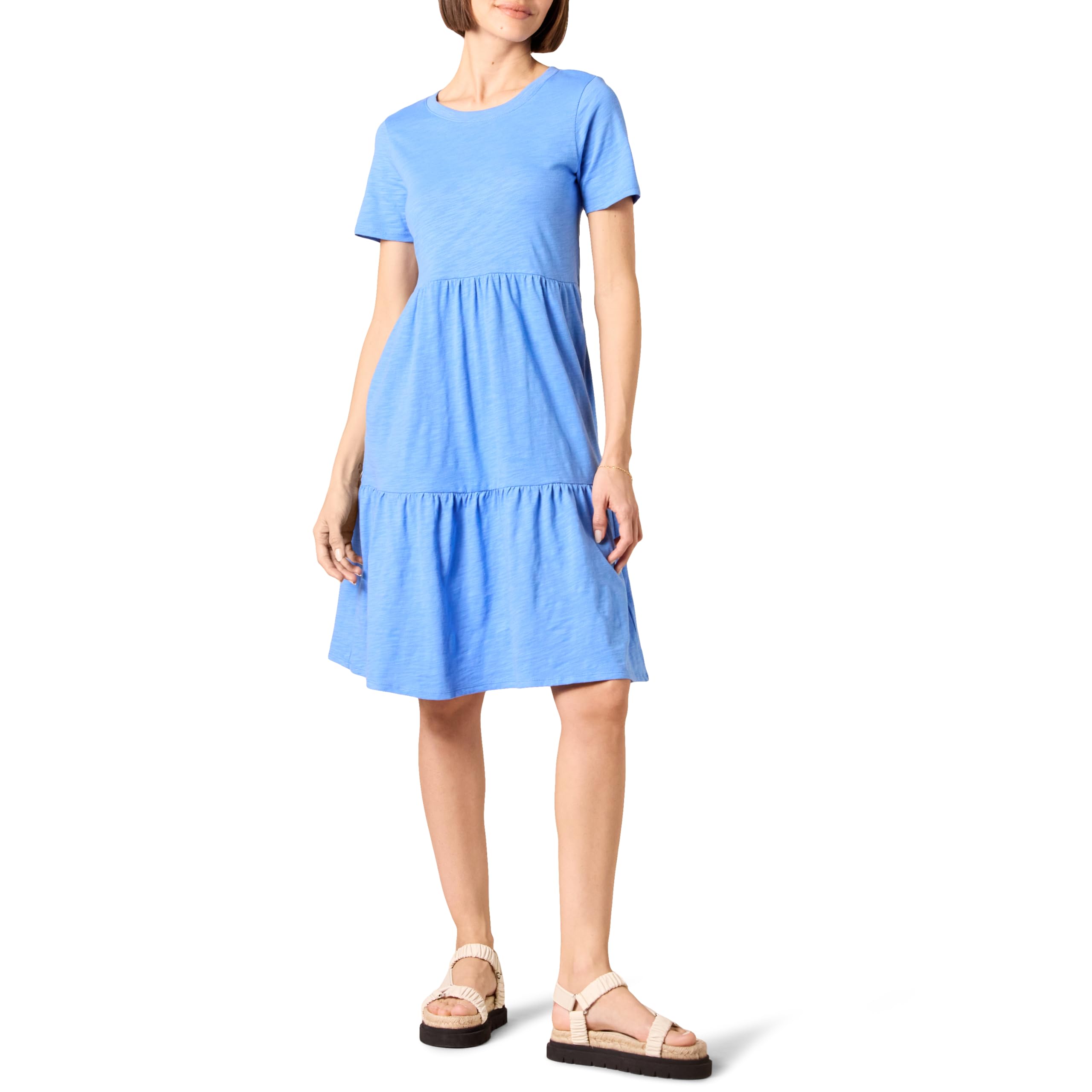 Amazon Essentials Damen Kurzärmliges, gestuftes Kleid mit Rundhalsausschnitt