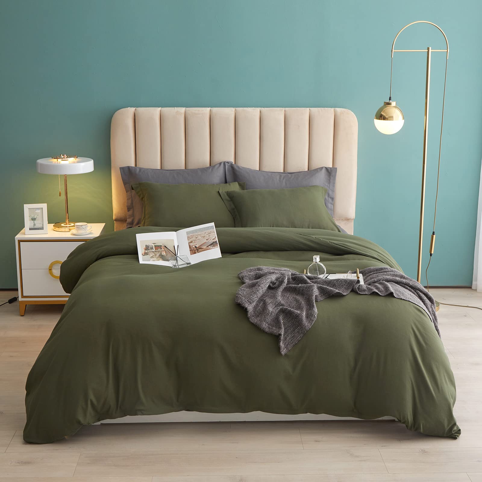 LifeTB Army Green Duvet Cover Queen Size Soft Washed Microfiber 3 Piece Bedding Sets Simple Style Army Green Comforter Cover 1 Queen Duvet Cover with 2 Pillow Shams Solid Color Bedding Collection