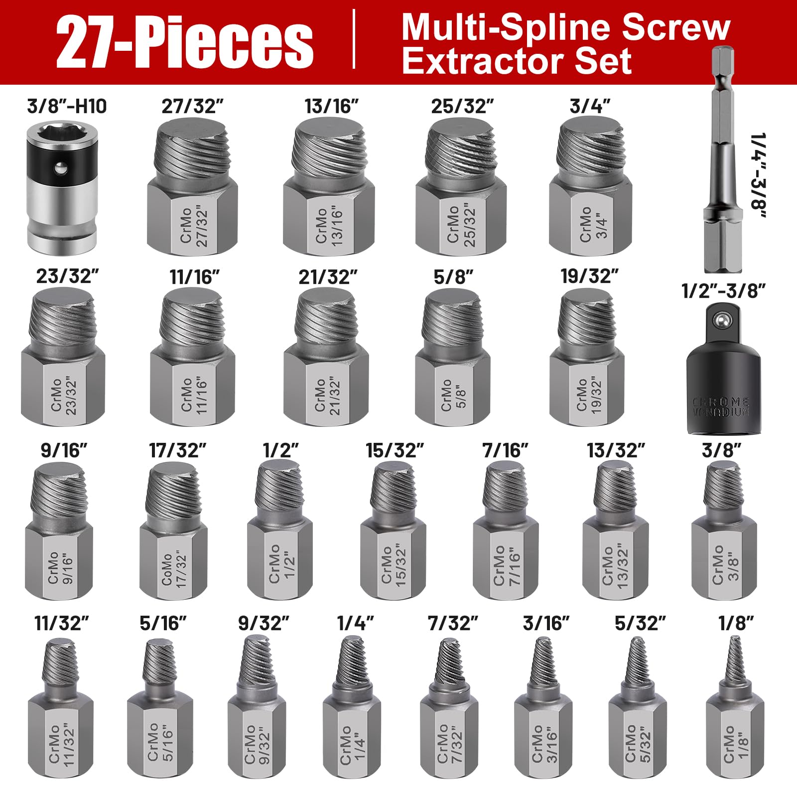 Set di 27 estrattori per viti, kit di estrattori per bulloni, set di estrattori per bulloni Easy Out, testa esagonale multi-spline per rimuovere viti spogliate, arrotondate, danneggiate, rotte
