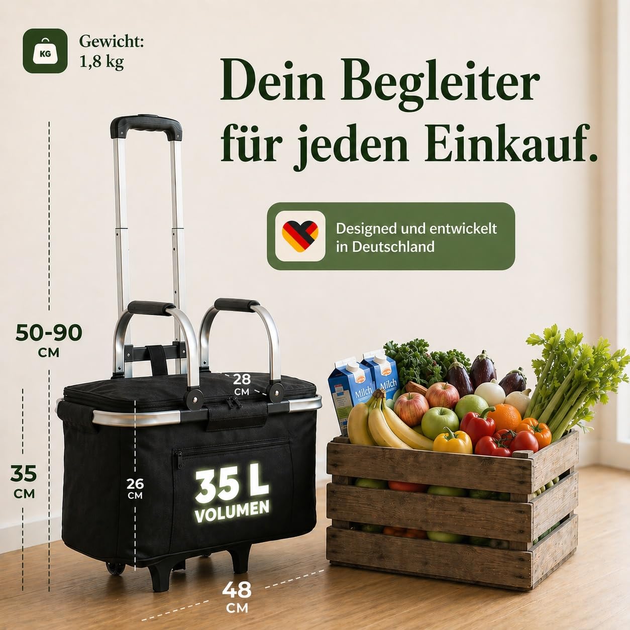 Trolley [faltbar & isoliert 35L] Einkaufswagen | Einkaufstrolley mit Rollen | Mit Kühlfunktion & abnehmbarem Korb – isolierter Einkaufswagen & Kühltrolley für Supermarkt, Wochenmarkt & Camping