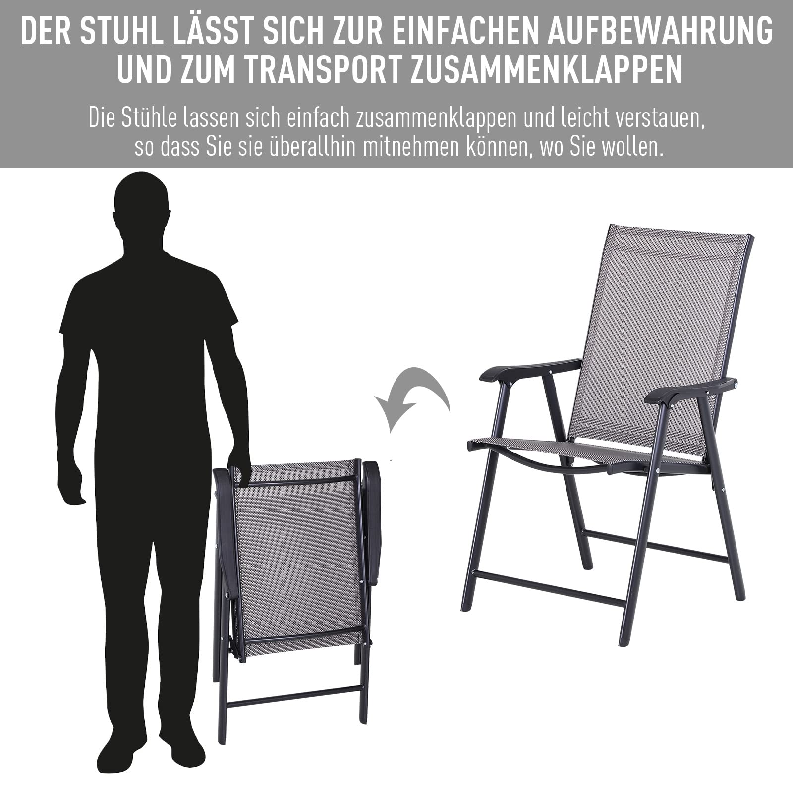 Outsunny Klappstuhl mit Armlehne 2er Set Klappstühle Metall Grau