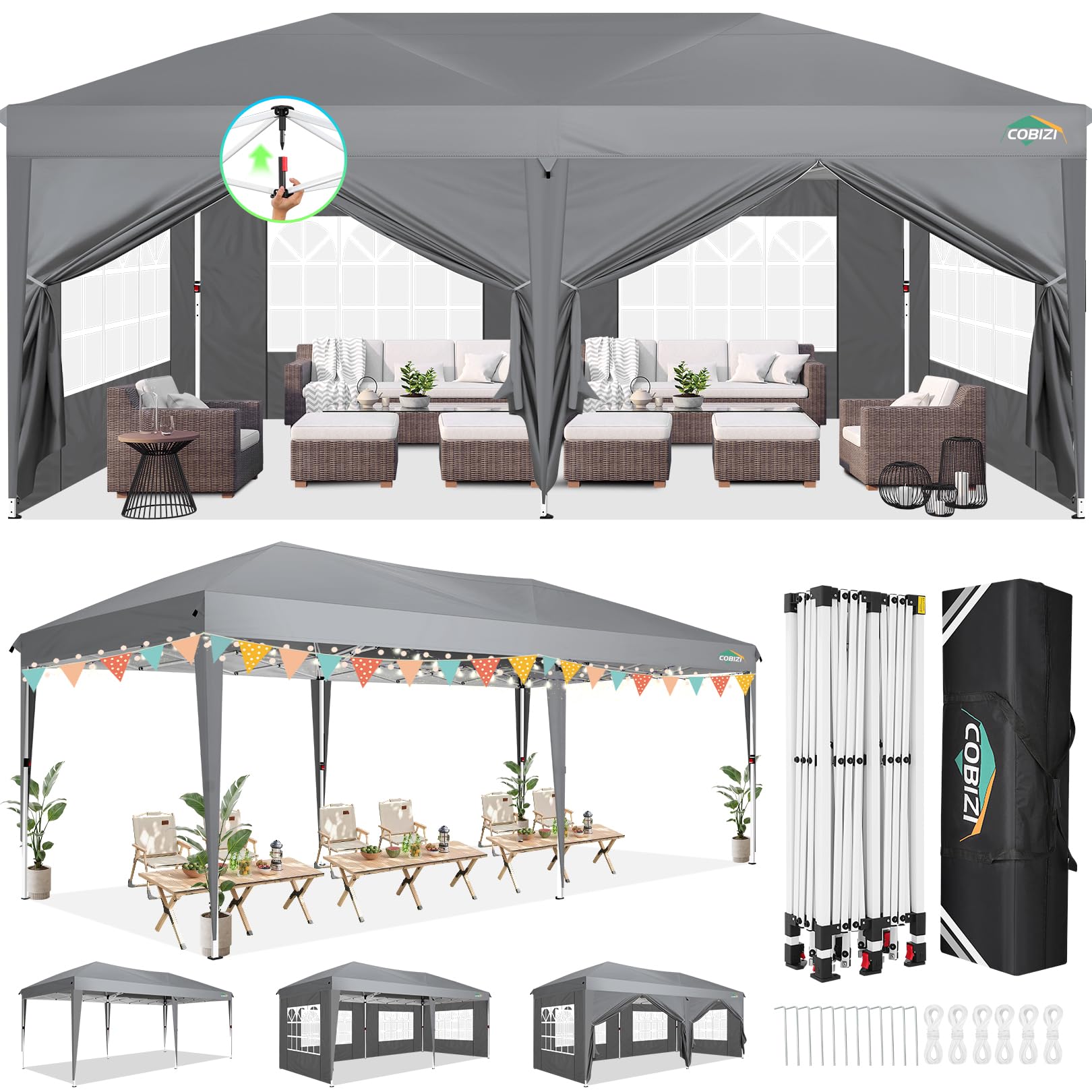 COBIZI Pavillon 3x6 Faltpavillon Wasserdicht Stabil Winterfest Faltbar Partyzelt mit 6 Seitenteilen Pop up Gartenpavillon UV Schutz 50+ Höhenverstellbar für Strand Hochzeit Camping, GRAU