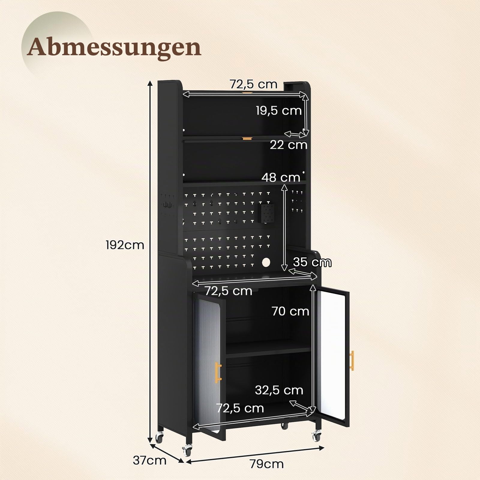 GIANTEX Küchenschrank mit Arbeitsplatte, 192 cm Buffetschrank mit Rollen, Küchenbuffet mit verstellbarem Regal & Lochwand, Küchenregal 6 Ebenen mit Klapptüren, Metall Mikrowellenschrank Küche, Schwarz