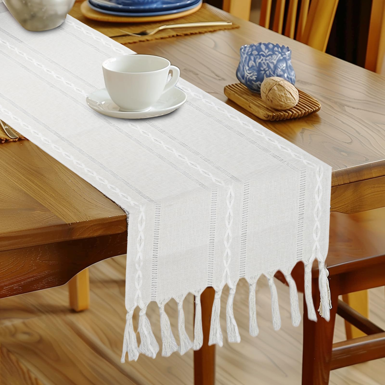 Chemin De Table Bohème Macramé 33x183 Cm Blanc - Tissu Coton Lin Avec Pompons, Décoration Mariage & Salle à Manger