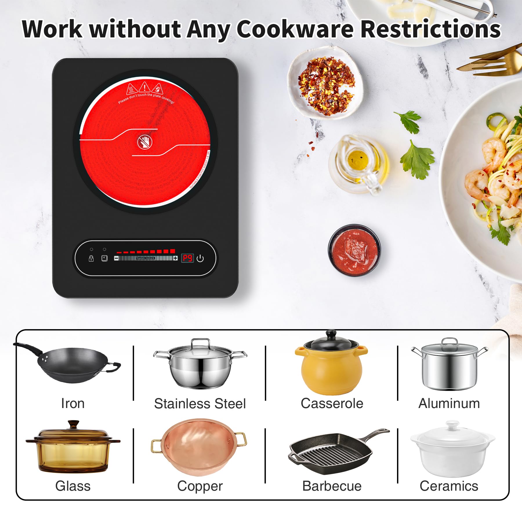 Single Burner Electric Cooktop,110V 1800W Stove Top with LED Touch Control,9 Power Levels, Timer, Safety Lock,single Electric burner Overheat protection 4