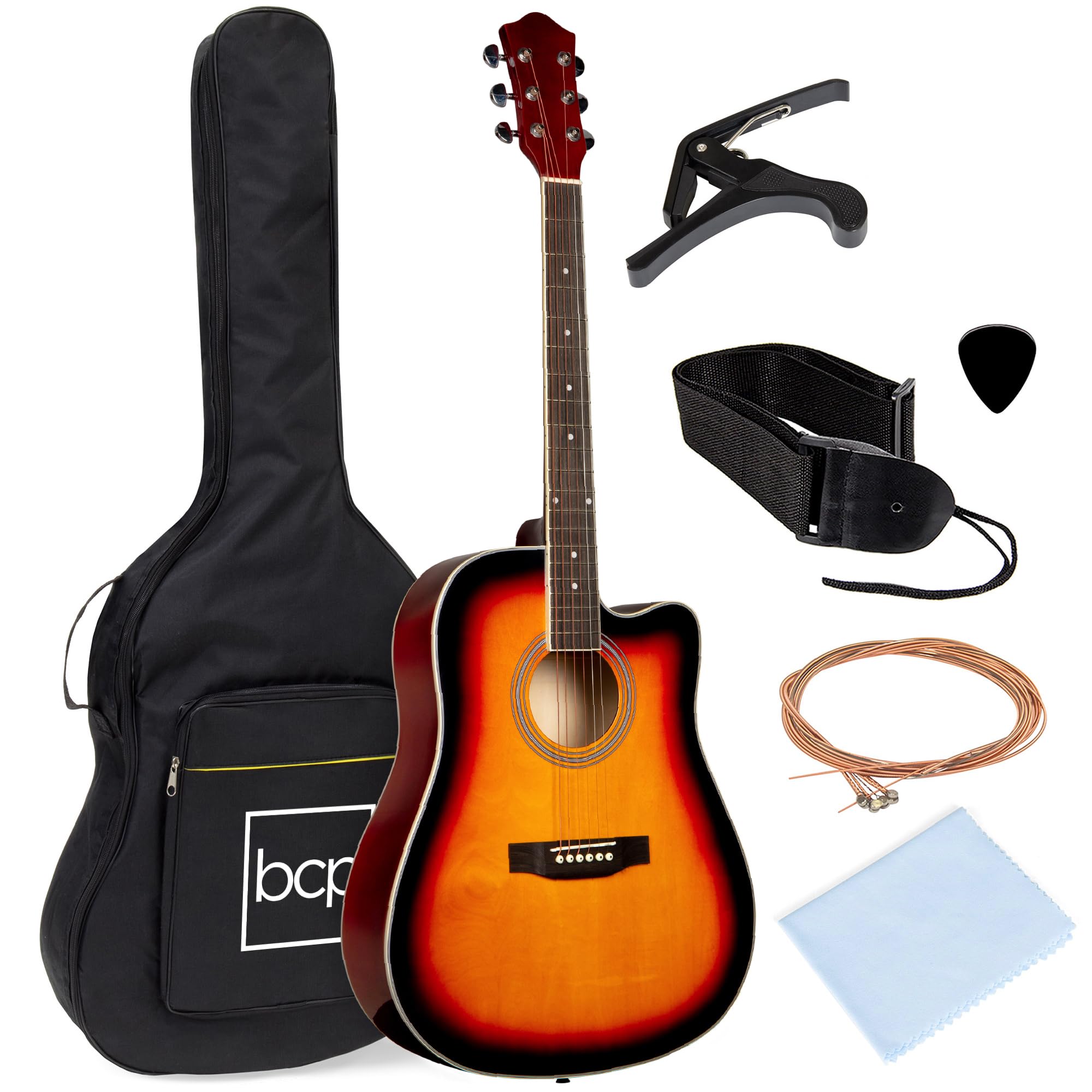 Best Choice Products 41in Beginner Acoustic Guitar Full Size All Wood Cutaway Guitar Starter Set w/Case, Strap, Capo, Strings, Picks - Sunburst