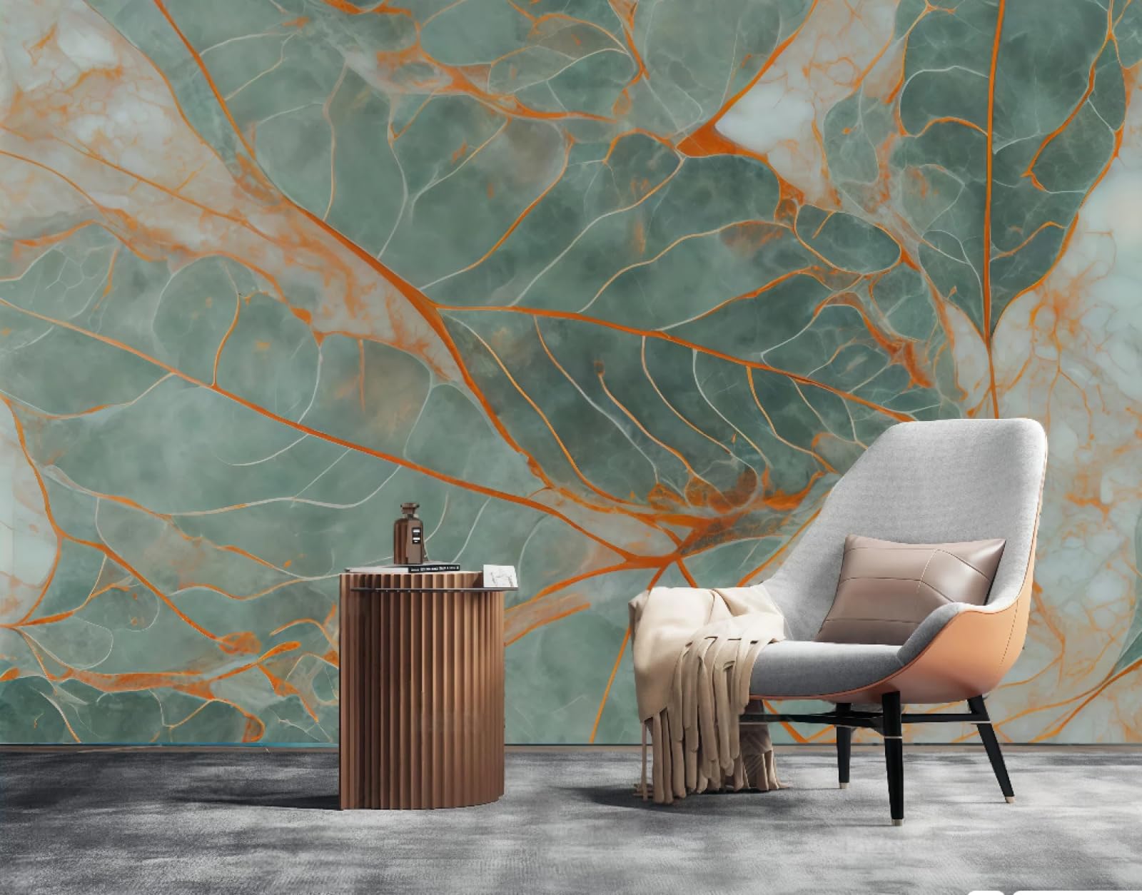 Tapeta sztuka nowoczesna pomarańczowy zielony liść wzór abstrakcyjny marmurowy wzór TV sofa tło tapeta ścienna salon restauracja kawiarnia mural, 3D, 250 x 175 cm