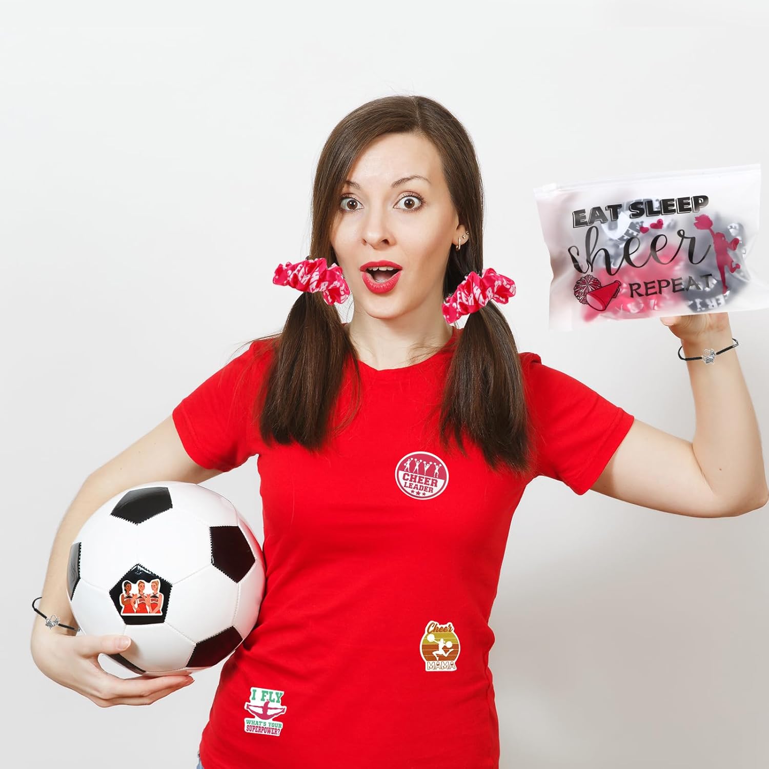 160-Piece Cheerleader Party Favor Set: 20 Cheer Scrunchies, 20 Bracelets, 20 Makeup Bags, 100 Stickers for Sports-Themed Parties - Image 6