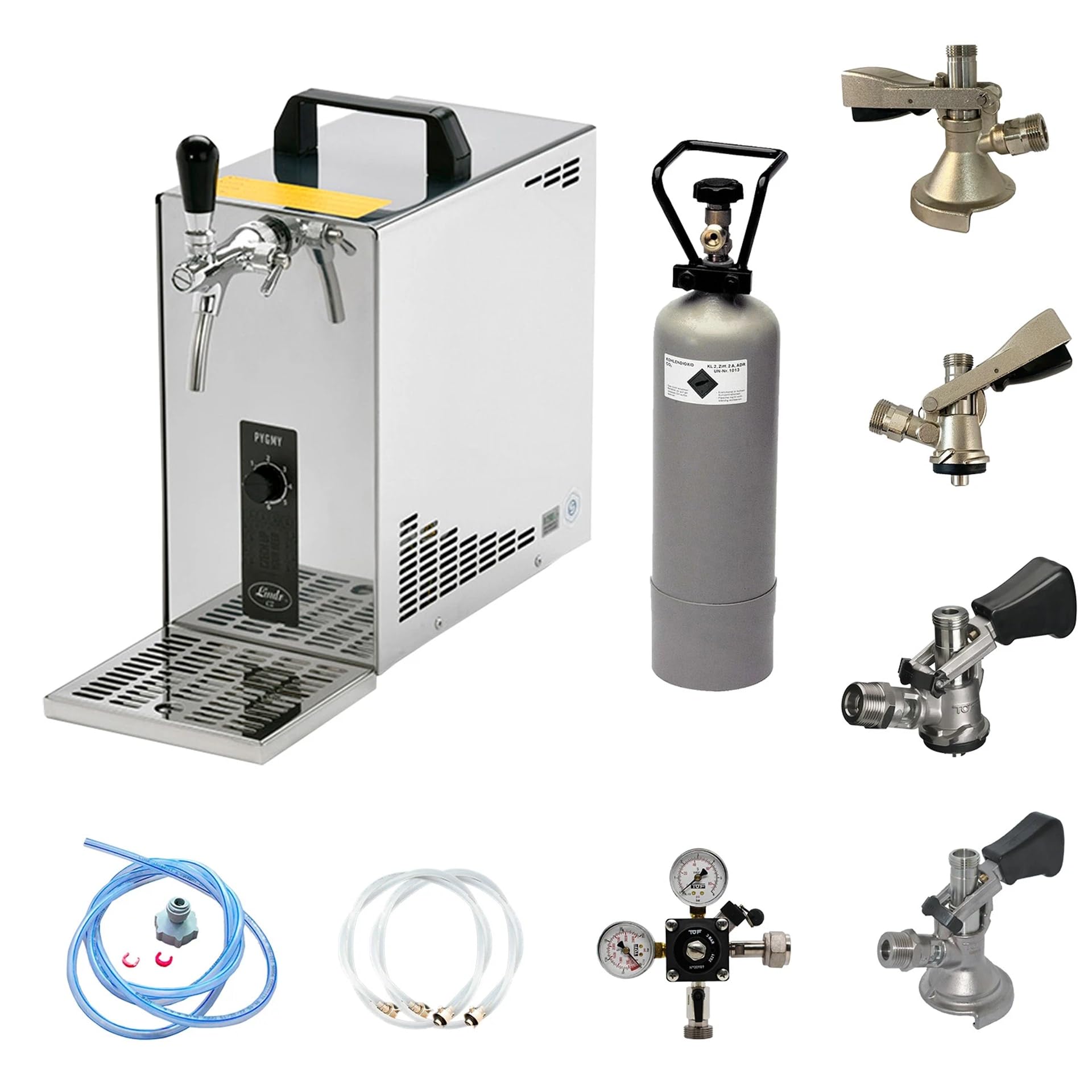 Set di tutti attacco fusto birra impianto spillatura con Pygmy 25, raffreddatore a secco 35 l/h, riduttore CO2, bombola 2 kg, tubi e testa spillatura