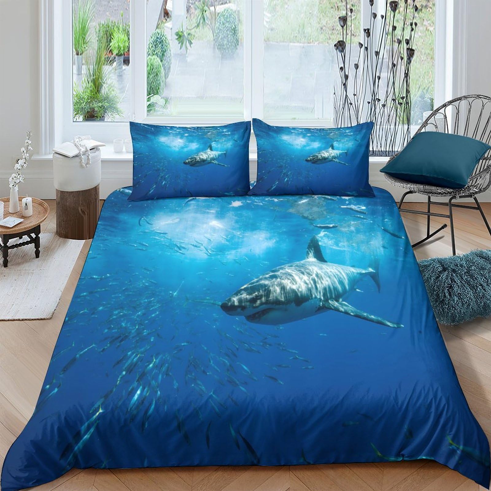 Ctjqhvkz Style-8 3D Printed Ocean Shark Fitted Sheet Microfiber Blue Sea Life Mattress Cover For Bedroom Dorm Decorative Use Single（135X200cm）