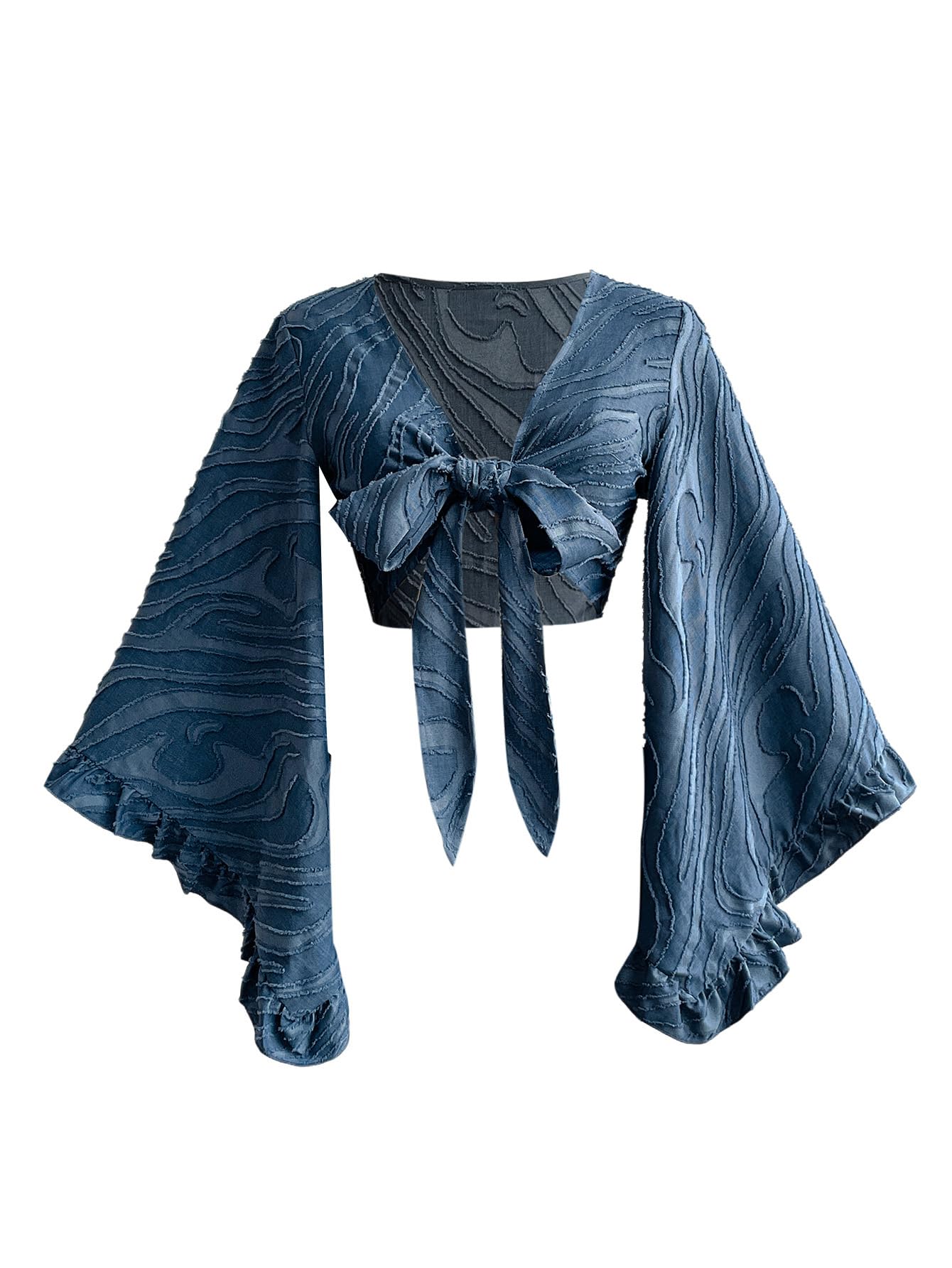 Photo 1 of BEAUDRM Women's Boho Tops Wrap Western Country Concert 70s Outfits Tie Front Long Bell Sleeve Tops Hippie Disco Clothes Gray Blue Large