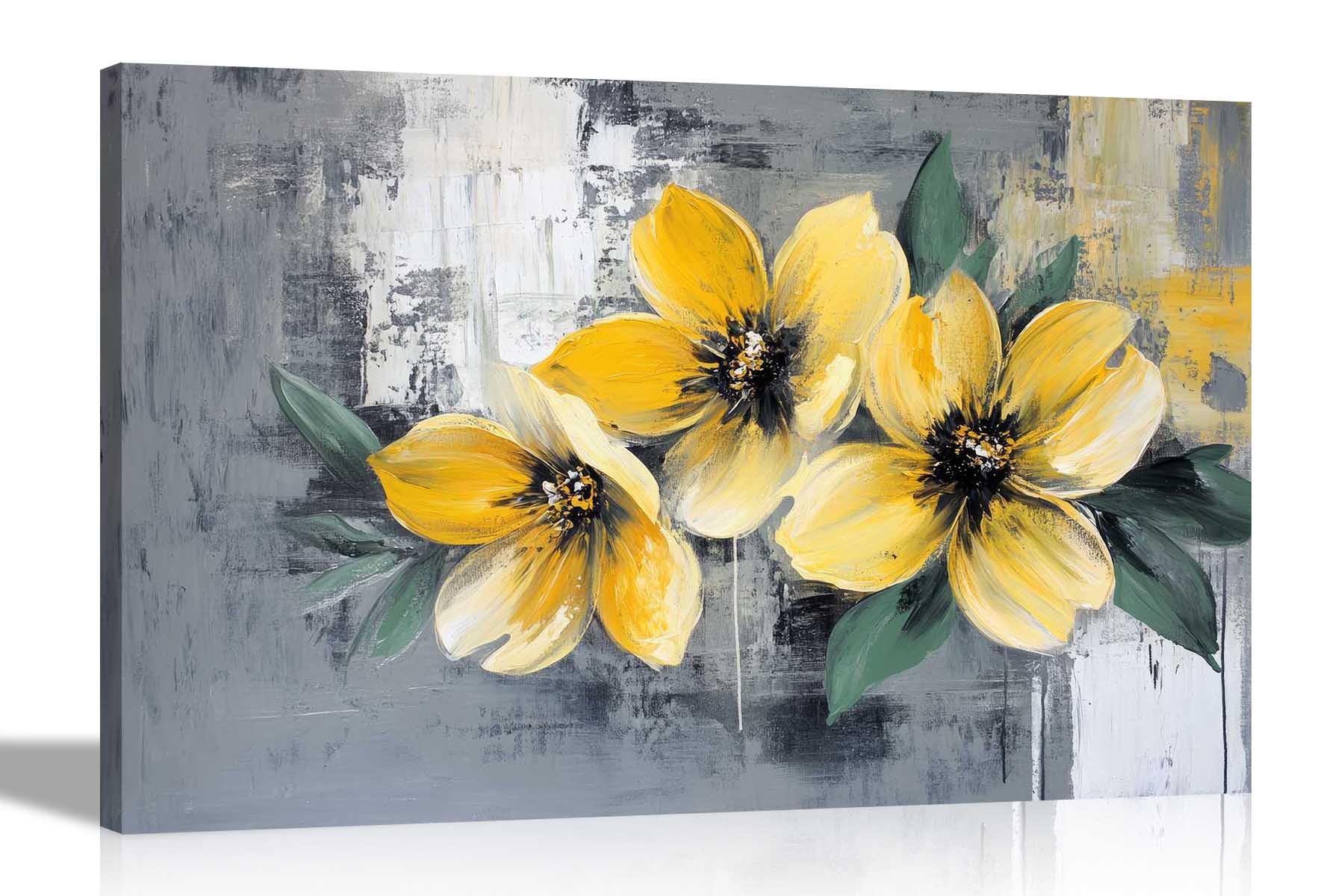 Artley Prints Graffiti Yellow Flowers - Yellow Abstract Flowers Graffiti Rustic Grey Canvas Wall Art Pictures Home Decor Living Room Artwork Prints 76 X 50Cm (30 X 20 Inches)