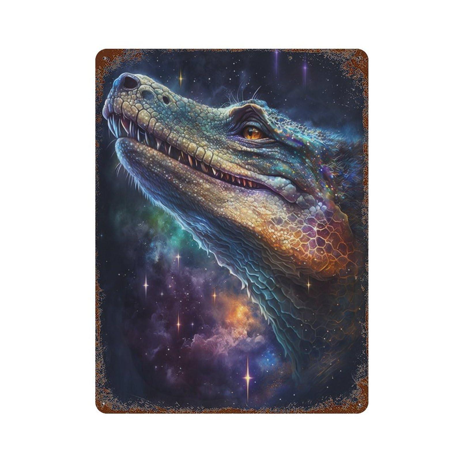 Galactic Crocodile Art Print-5 Rustic Tin Plaque 15.7"x11.8", Industrial Home Decor for Pub, Kitchen And Man Cave Decor