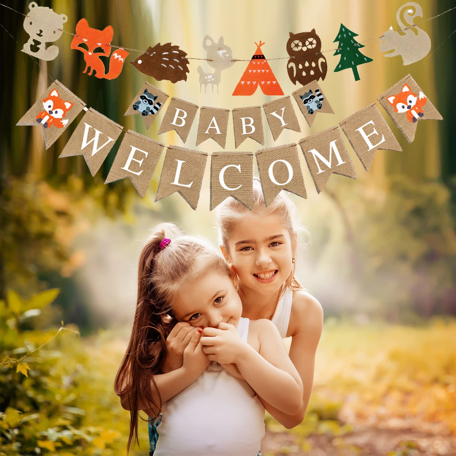 Déco Baby Shower Bois - Bannière 'Welcome Baby' + 2 Guirlandes Animaux Forêt - Renard, Cerf, Hibou