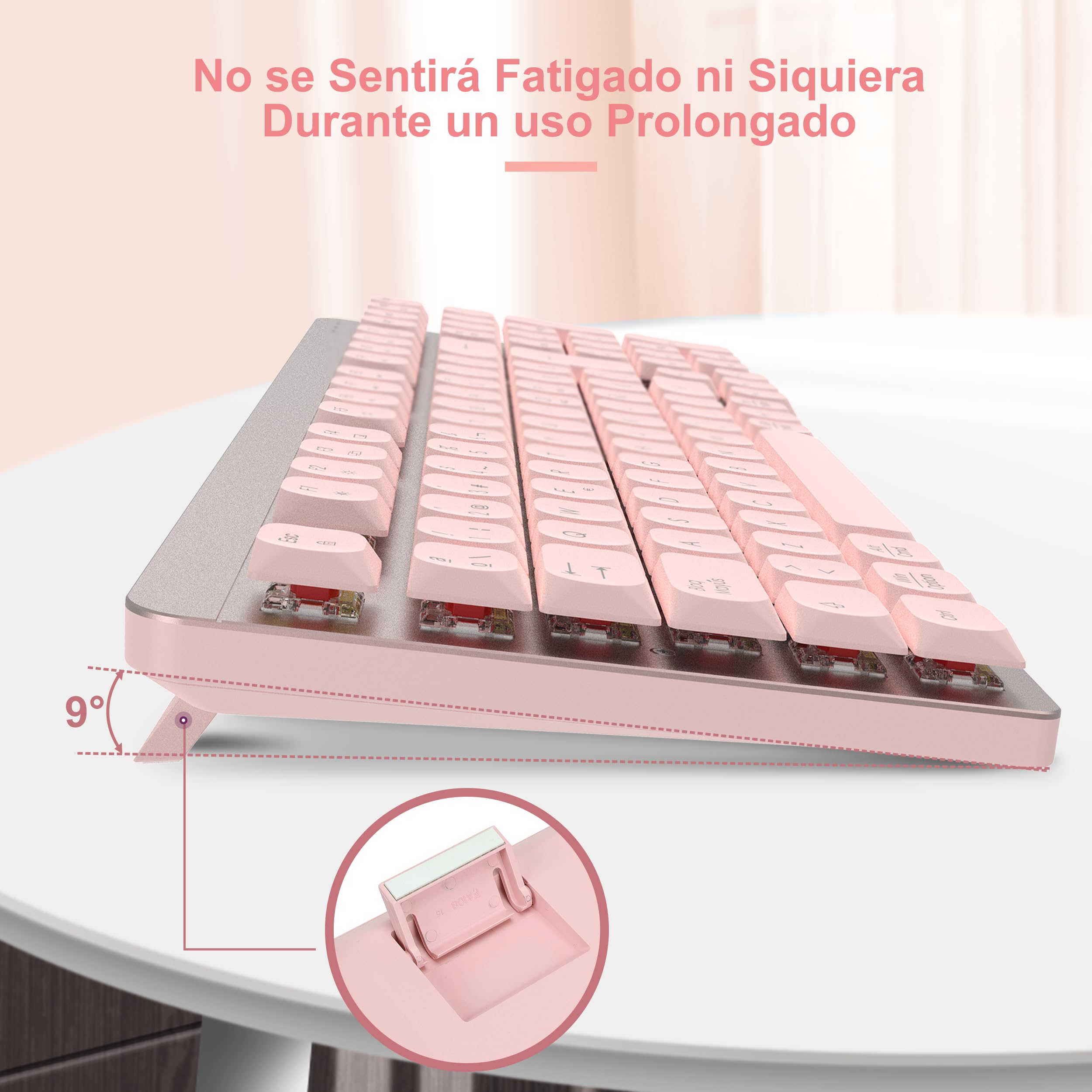 LeadsaiL Teclado Mecánico de Perfil Bajo, FA98 Pack Teclado y Ratón Inalámbrico con Switch Rojo, 2.4GHz Conexión, Linear Teclas QWERTY Español Keyboard con Teclado numérico para Windows, Mac-Rosa