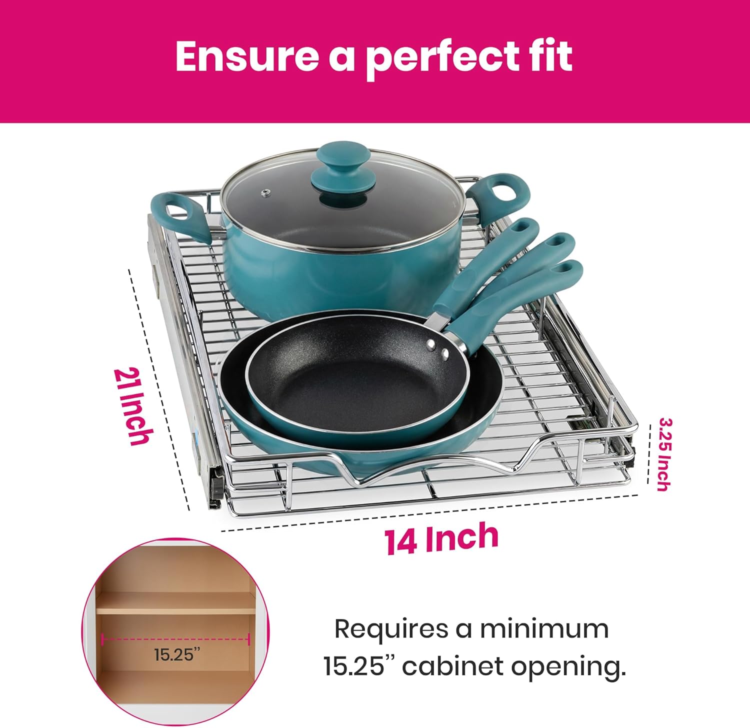 HOLDN’ STORAGE Pull Out Cabinet Organizer, Heavy Duty Caddy w/Lifetime Limited Warranty -14”W x 21”D - Requires At Least 15-1/4” Cabinet Opening, Steel Metal Cabinet Drawers Slide Out, Chrome - Image 3