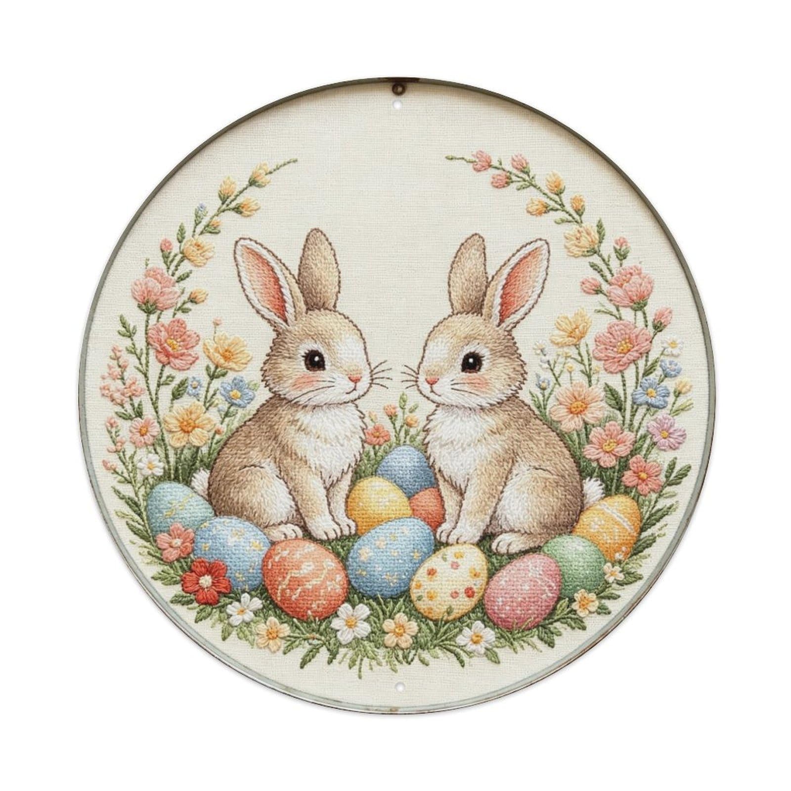 Easter Bunny Eggs Embroidery Metal Tin Sign Plaque
