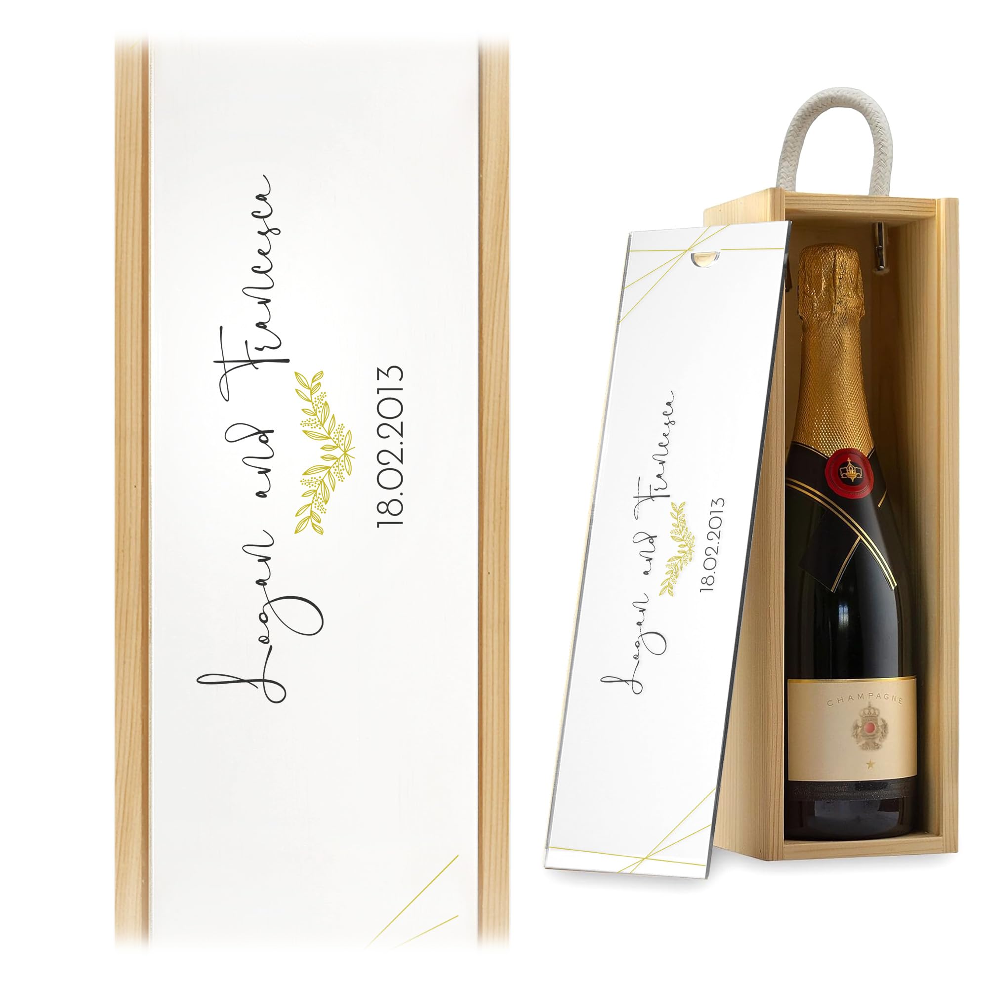 A1 Graphics Ltd Personalised Gold Leaf Wine Box Custom Printed Couples Gift Weddings Anniversary Bridesmaid Groomsmen Birthdays (Natural Box/White Lid)