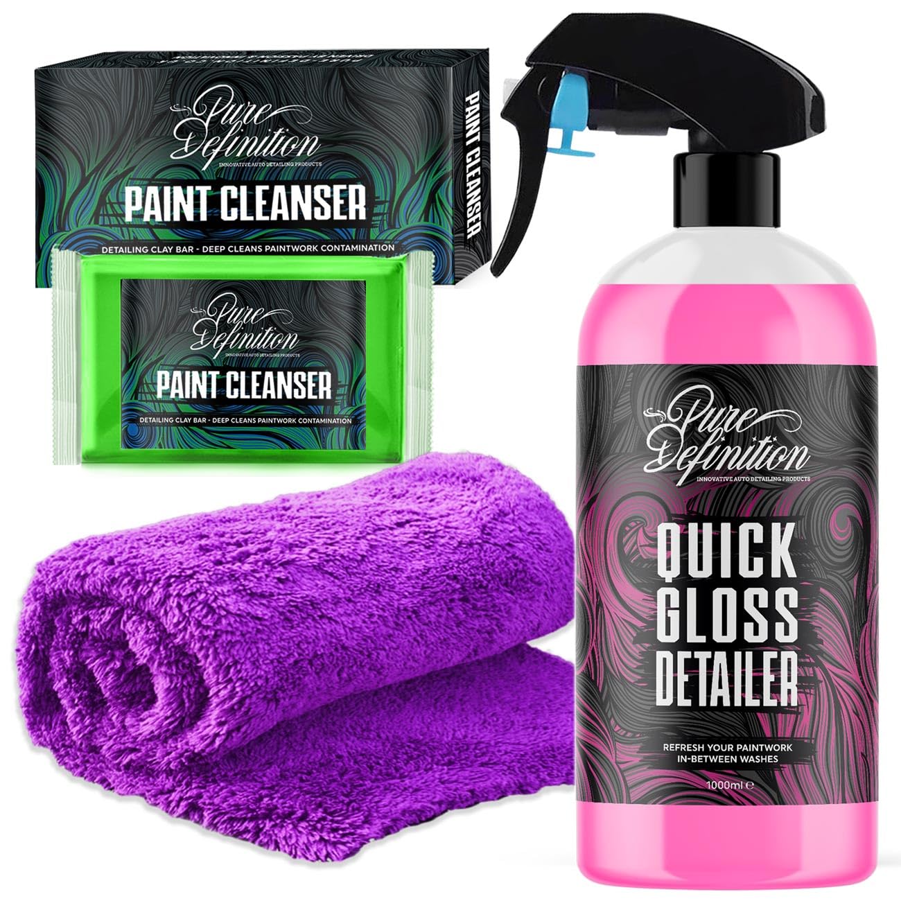Pure DefinitionCar Clay Bar Kit, Fine Grade Claybar Block & Detail Lube Spray, Auto Detailing (1000ml + 1 x 100g Clay + Towel)