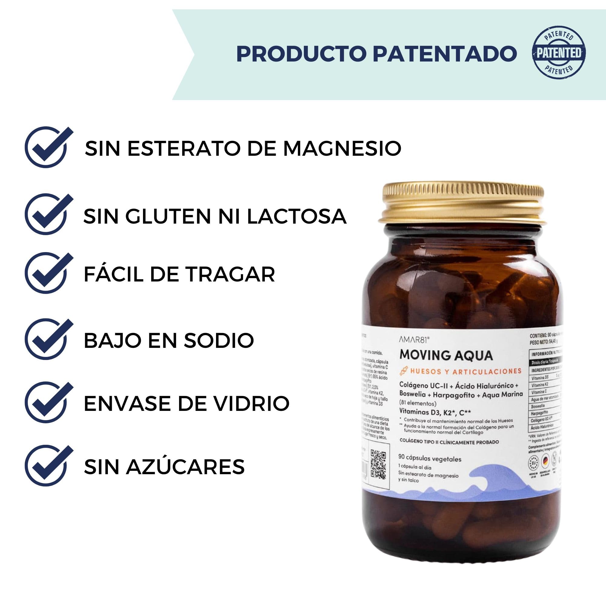 Colágeno UC-II®, Ácido hialurónico, Boswellia, Harpagófito y Sales minerales de agua de mar | Suplemento alimenticio para articulaciones, movilidad y huesos | MOVING AQUA | 90 cápsulas