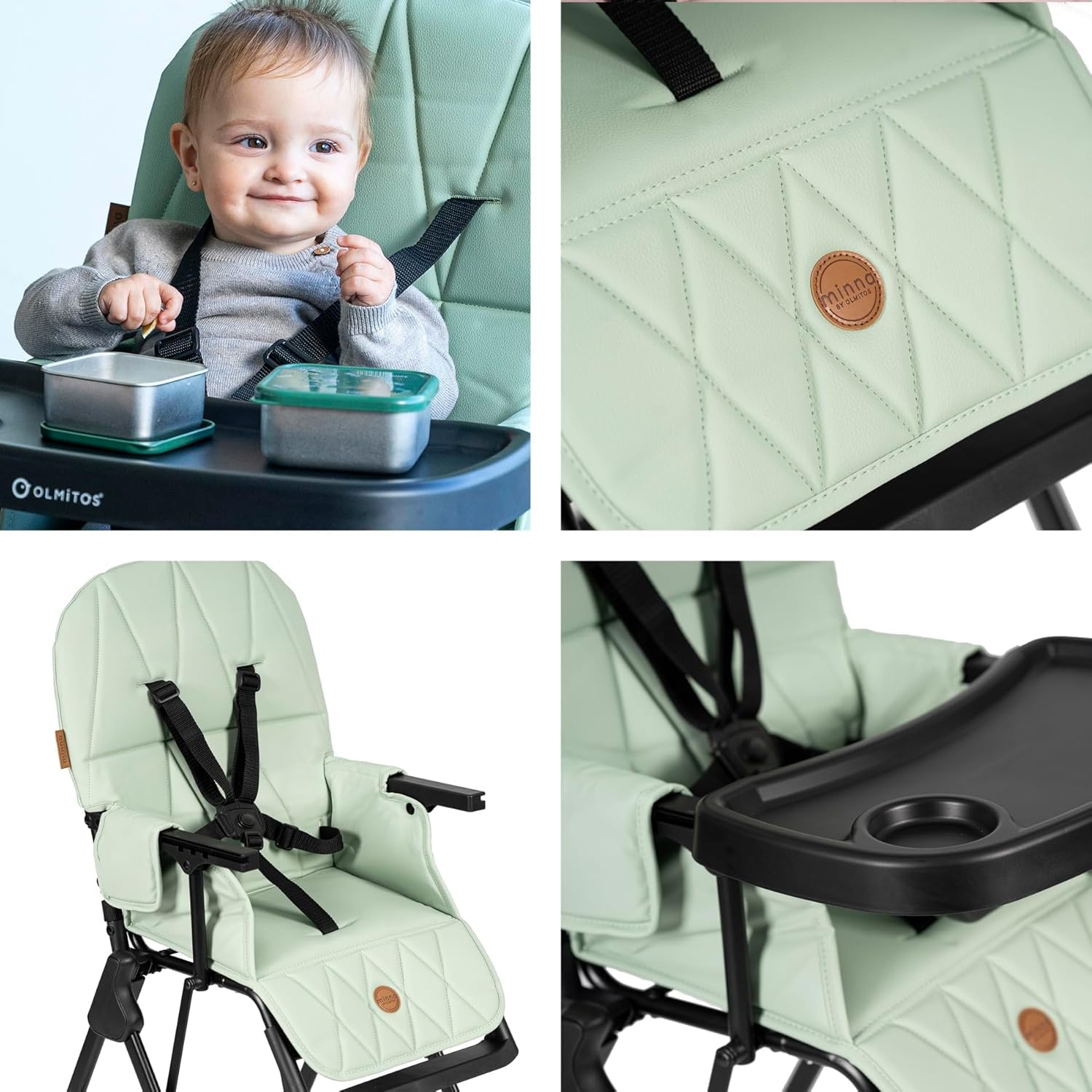 Olmitos – Trona para Bebé Plegable Ligera y Ultracompacta MINNA – Trona portátil de viaje 4.9kg ergonómica con Funda Acolchada de 6 meses a 3 años - reposapiés ajustable y Arnés 5 Puntos, Verde