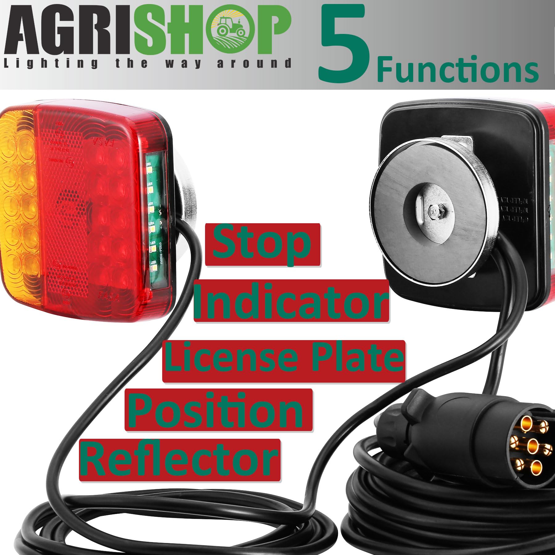 AGRISHOP 12V LED achterlichten achteraanhanger achterlichten met magnetische basis, 7,5 m kabel, waterdicht, compatibel met auto, vrachtwagen, SUV, trailer