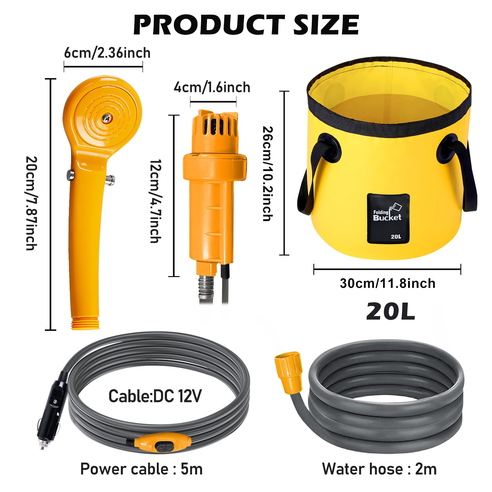 Doccia da campeggio, portatile, da campeggio, con secchio pieghevole, pompa, 2 m, cavo di alimentazione e interruttore, 12 V, doccia portatile, pompa per doccia elettrica per animali domestici, viaggi