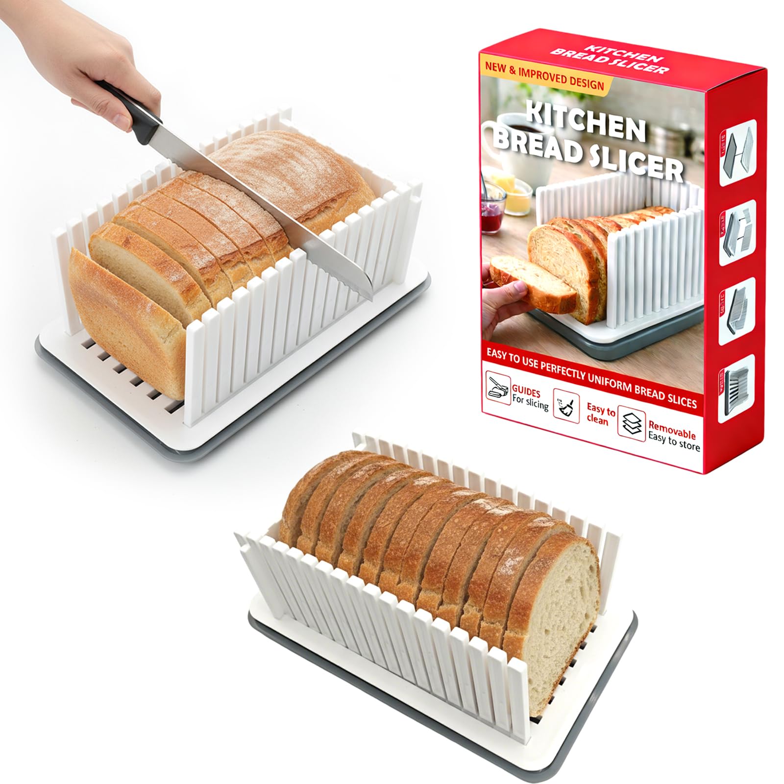 New Upgrade Bread Slicer for Homemade Bread, Bread Slicing Guide Adjustable Width, Foldable and Compact Cutting Guide with Crumb Tray, Suitability for Homemade Bread, Bagels, Cakes
