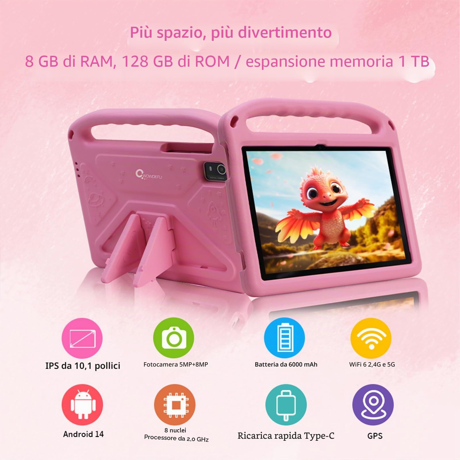 Android 14 Tablet per Bambini da 10 Pollici - 8GB+128GB (Fino a 1TB), WiFi 6, GMS, Controllo Parentale Family Link, Custodia EVA Antiurto (Rosa)