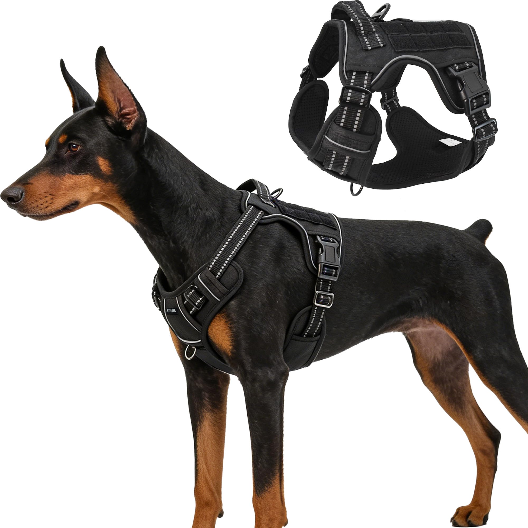 AIITLE Tactical Dog Harness for Medium Dogs, No Pull Tactical Service Vest with Handle & PALS Webbing, Adjustable Reflective No-Choke Design, Dual Metal Leash Clips for Training Walking, Black, S