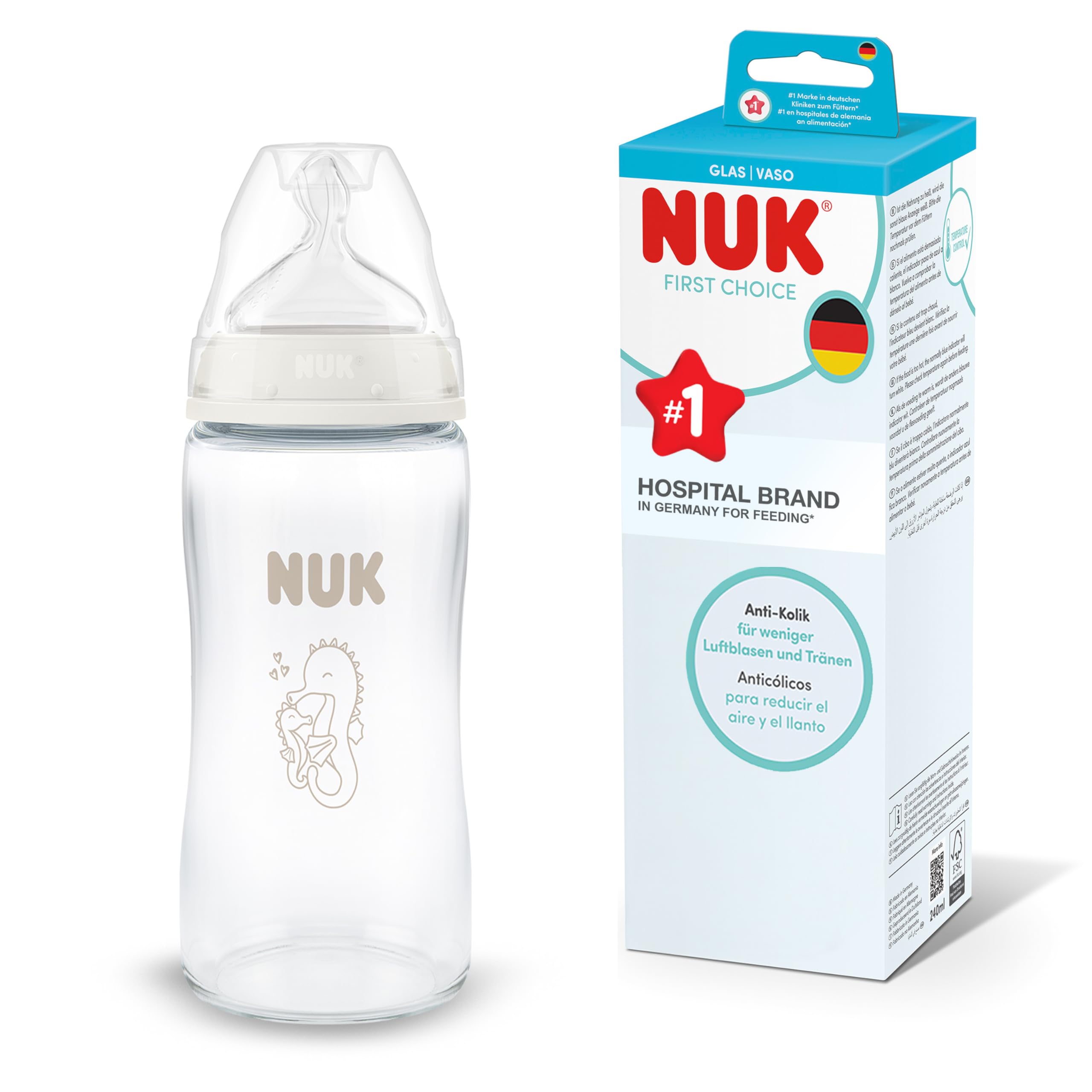 NUK First Choice Biberon | 3+ mesi | 240 ml | Biberon anti-colica | Vetro | Indicatore di controllo della temperatura | Cavalluccio marino | Confezione da 1