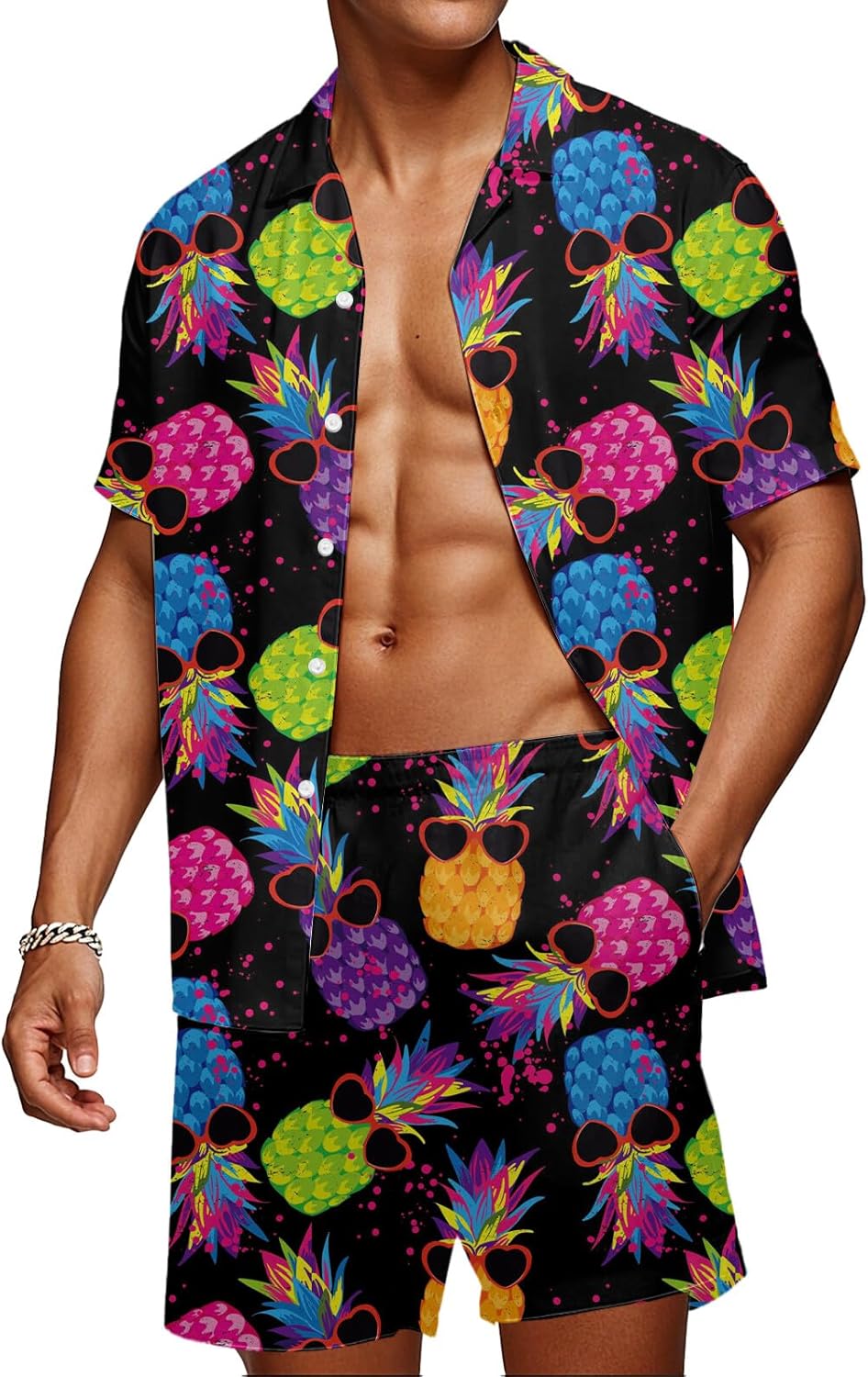 2 Piece Men's Hawaiian Outfits Shirts and Shorts Sets Button Down Funny Tropical Beach Party