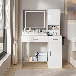 Tocador de Maquillaje con Luz LED Regulable y Espejo, Mesa de Maquillaje Moderno con Enchufe y USB, Tocador de Dormitorio, Mesa de Maquillaje Blanco con Soporte para Secador de Pelo