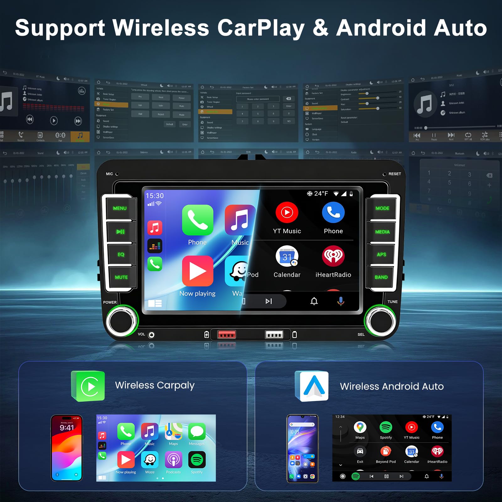 2 DIN Autoradio avec sans Fil CarPlay pour Volkswagen Scirocco 2008-2012