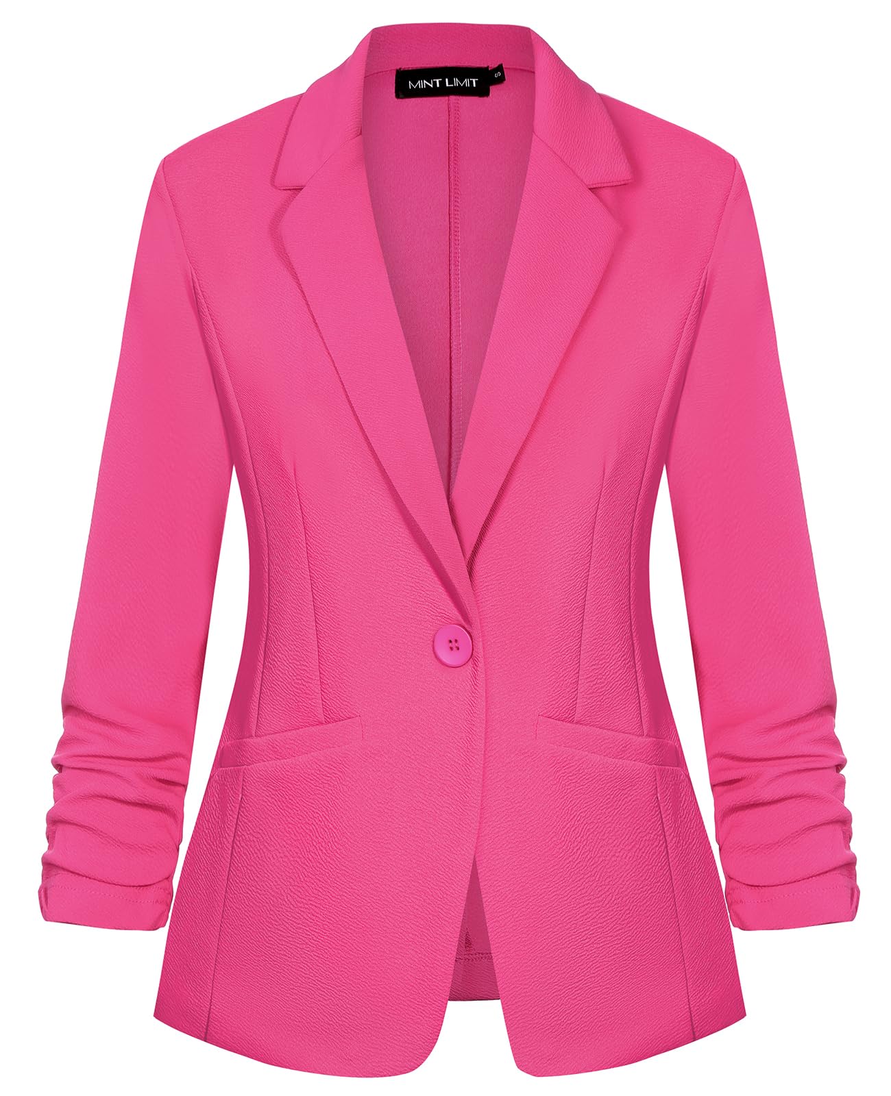 MINTLIMIT Womens Casual Blazer 3 4 Ruched Sleeve Open Front Button Work Office Blazer Jackets with Pockets