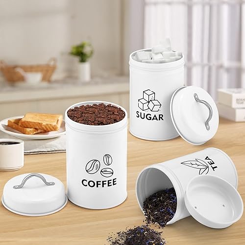 Miniatura 5 de P&P CHEF - Juego de 3 botes de cocina de metal con tapa para café de azúcar, té, recipientes vintage para dulces, galletas, harina, especias o
