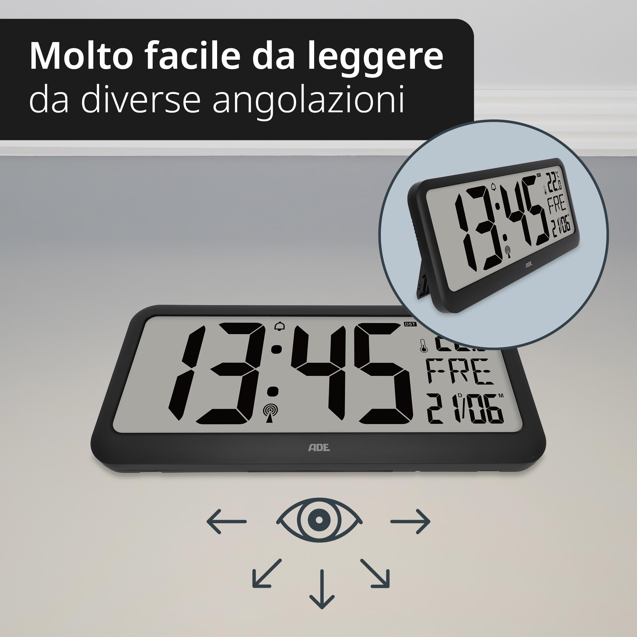 ADE Orologio digitale radiocontrollato con cifre XXL | grande orologio da tavolo e da parete con calendario | termometro e funzione di sveglia | perfetto per anziani, portatori di occhiali, ipovedenti