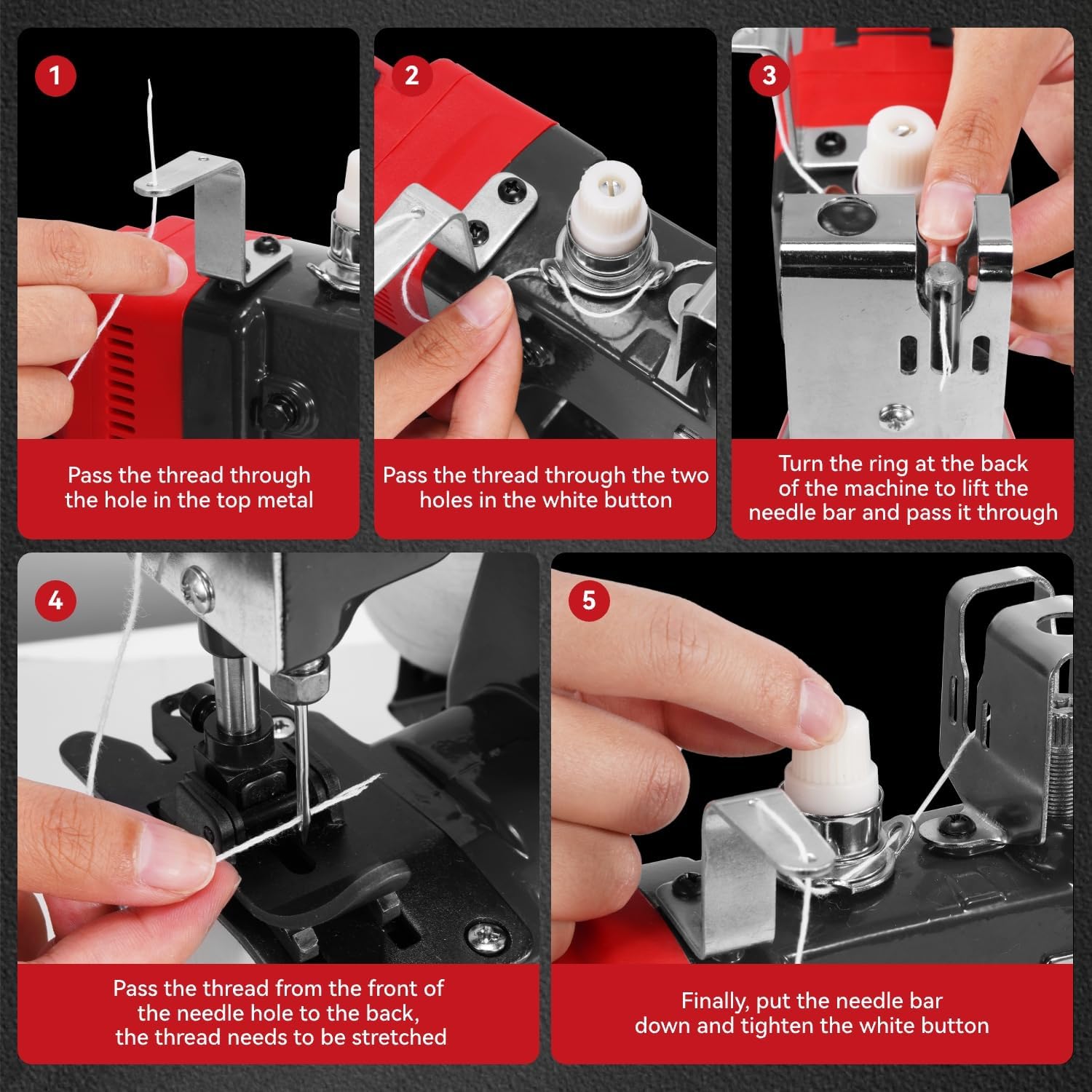 Five-step visual guide for thread installation on the ONEVAN Electric Bag Sewing Machine.
