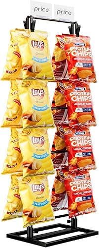 Puricon Soporte de exhibición para papas fritas, 2 filas con 32 clips, soporte de chips para fiestas, venta al por menor, soporte para bolsas de