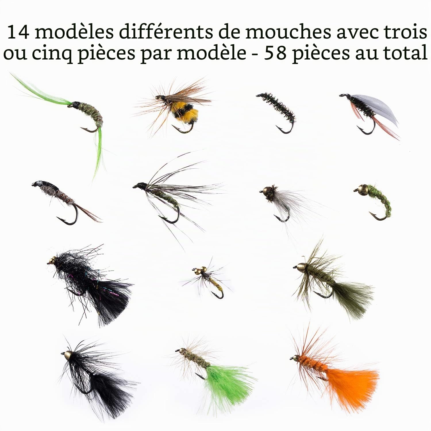 BASSDASH Ensemble de Mouches de pêche à la Mouche Pêche à l'achigan à Grande Bouche avec boîte à Mouches, avec Mouches sèches/Mouches noyées, nymphes, banderoles, Poppers