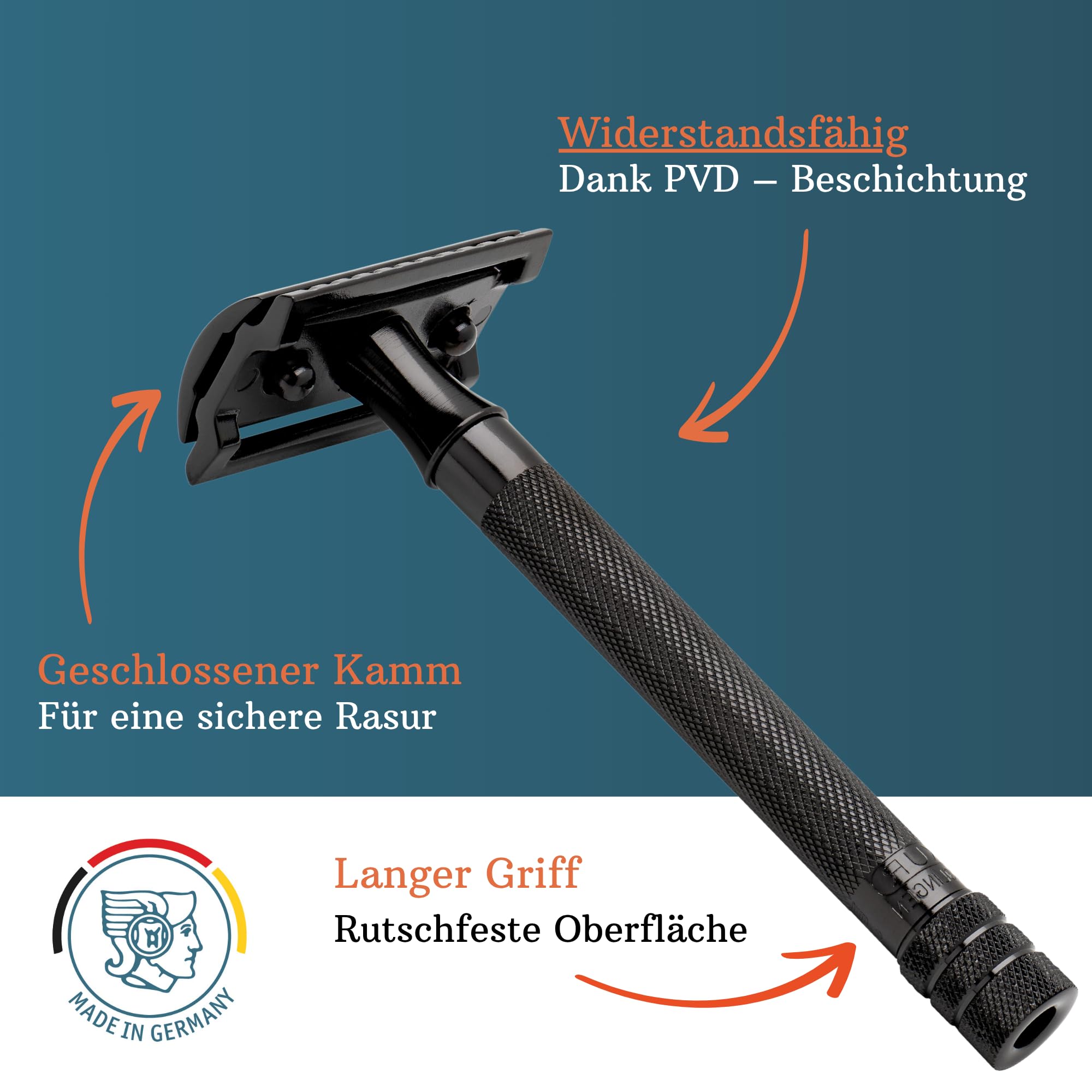MERKUR Rasierhobel 23B | Klassiker mit langem Griff Schwarz | Dreiteiliger Rasierer mit geradem Schnitt | Geschlossener Kamm | Ideal für Nassrasur | Messing Griffstück | Made in Germany