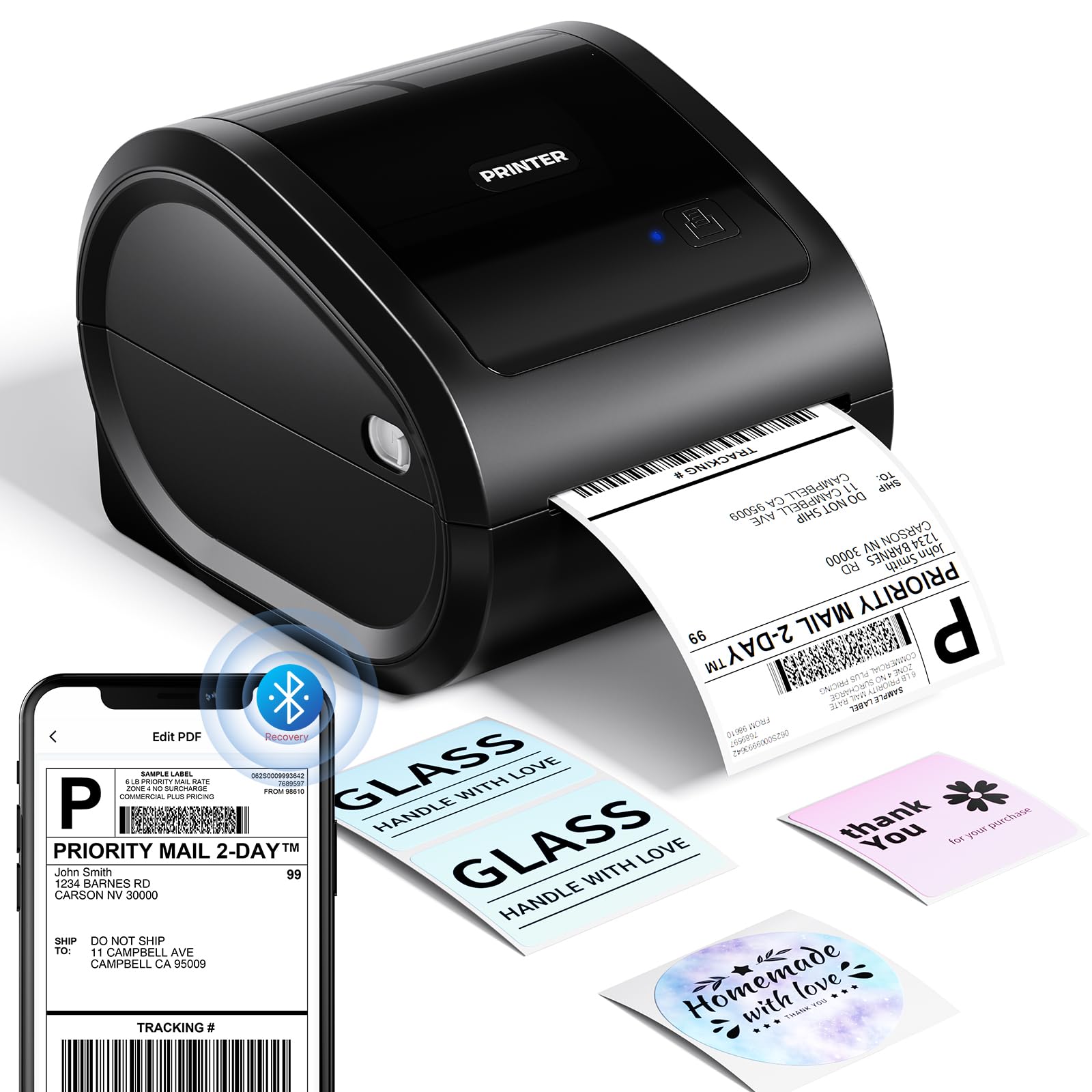 JADENS Stampante termica per etichette Bluetooth, stampante per etichette di spedizione 4x6 per pacchi di spedizione 203DPI, dimensioni di stampa da 1,5-4,1 compatibile con Hermes, Royal Mail