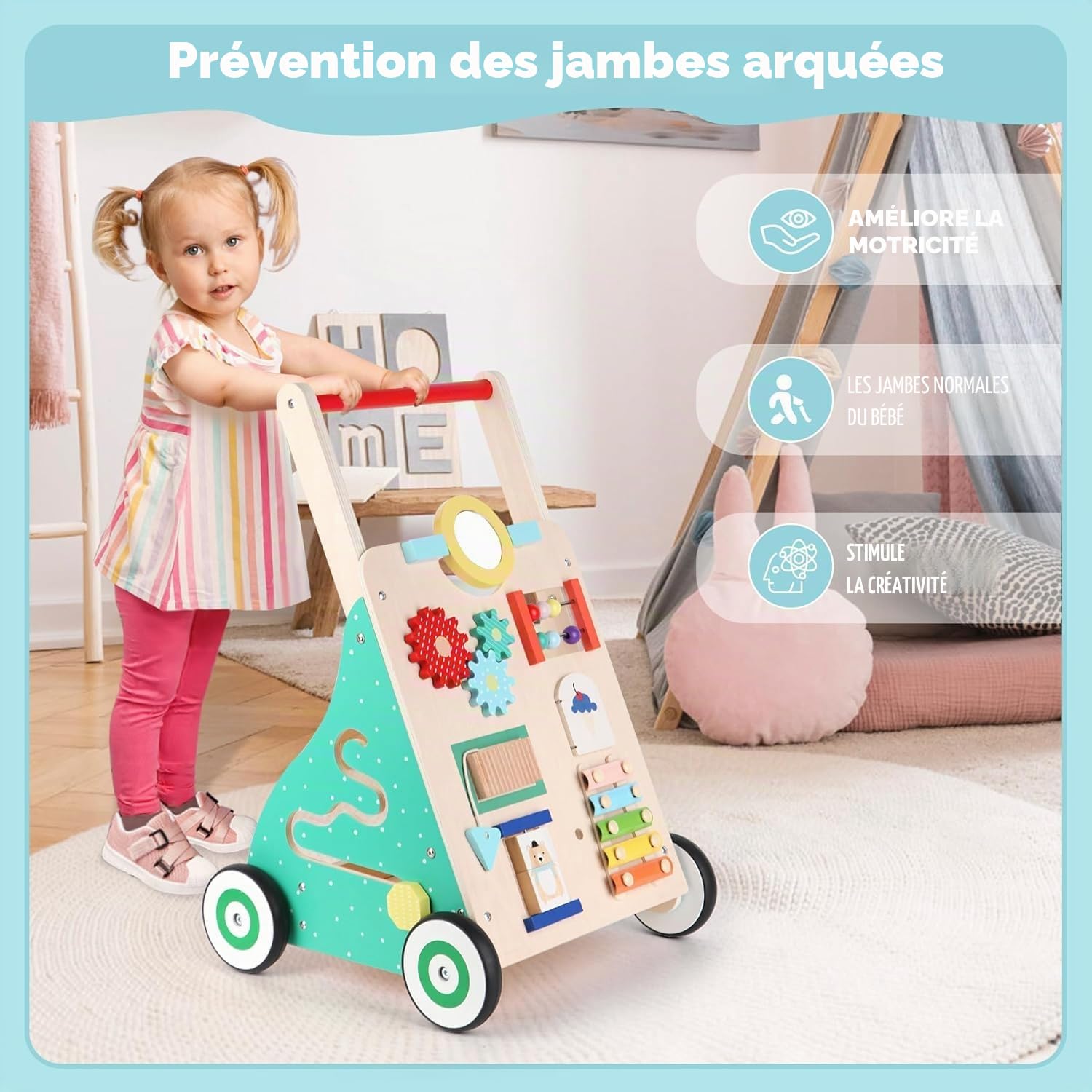 Chariot de Marche en Bois Bébé, Trotteur Bébé pour Enfant Activité, Cadeau de Jouet d'Activité et de Développement pour les Garçons Filles 1-3 ans(Multicolore)