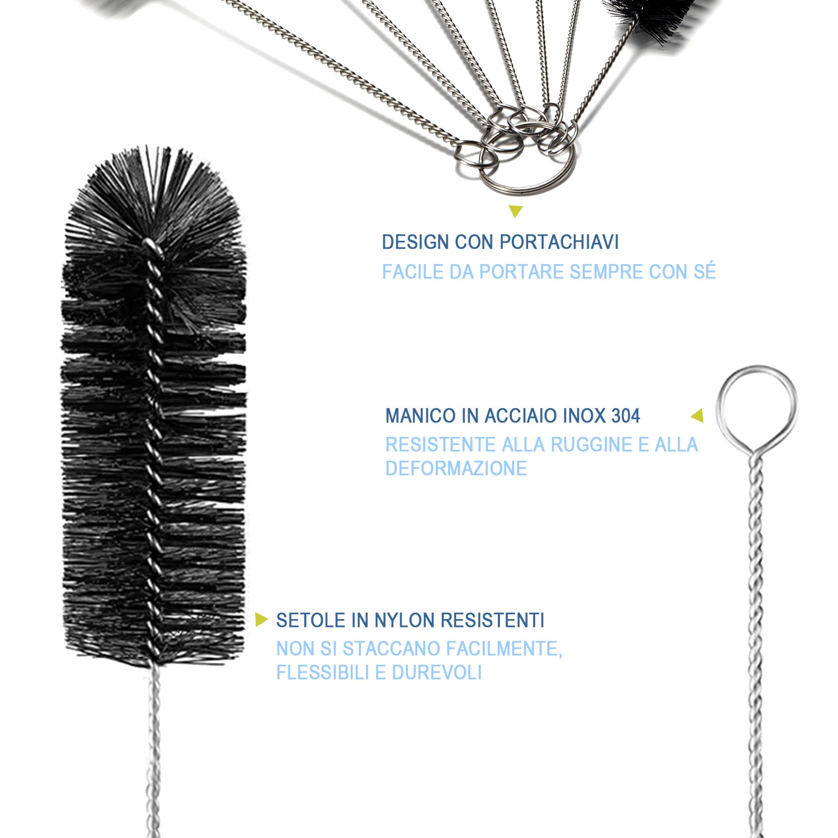 Spazzola Per Bottiglie, Set Di 8 Spazzolini In Nylon Per Cannucce E Tubi, Per Pulire Bottiglie A Collo Stretto, Biberon, Barattoli E Beccucci Di Teiera (Nero)