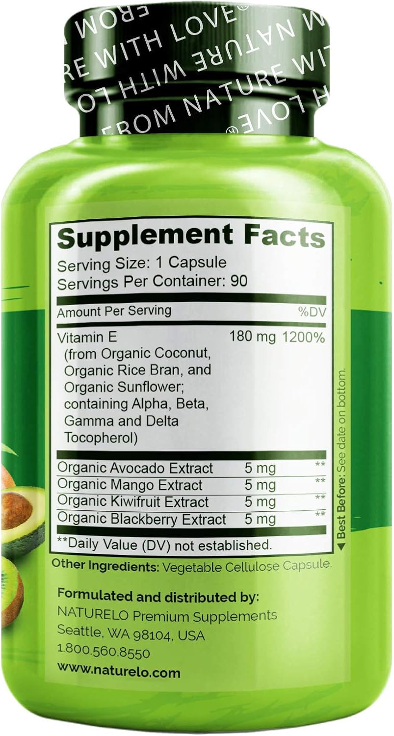 NATURELO Vitamin E - 180 mg (300 IU) of Natural Mixed Tocopherols from Organic Whole Foods - Supplement for Healthy Skin, Hair, Nails, Immune & Eye Health - Non-GMO, Soy Free - 90 Vegan Capsules : Health & Household
